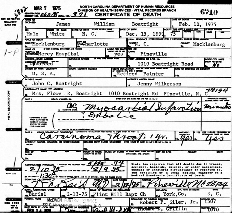 James William Boatwright Death Certificate: