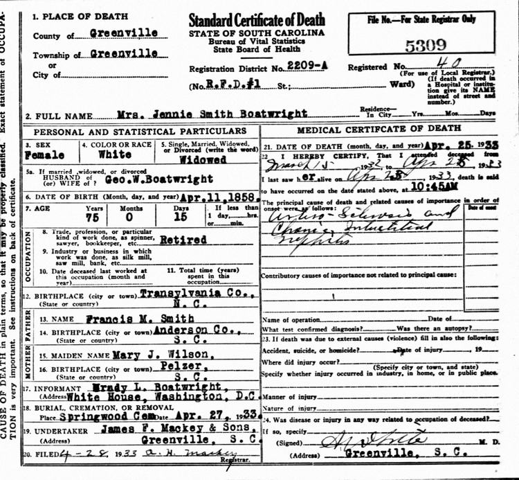 Jennie Smith Boatwright Death Certificate: