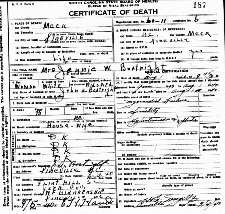Martha Jane Wilkerson Boatwright Death Certificate: