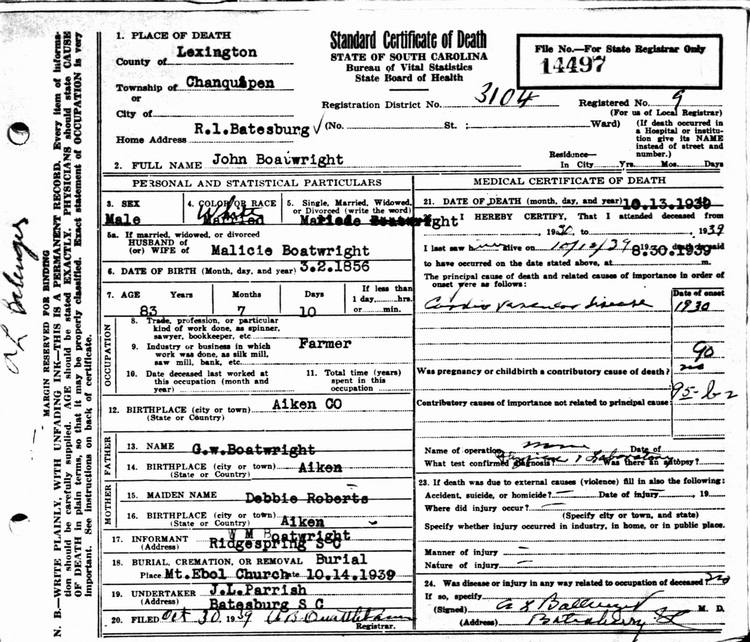 John B. Boatwright Death Certificate: