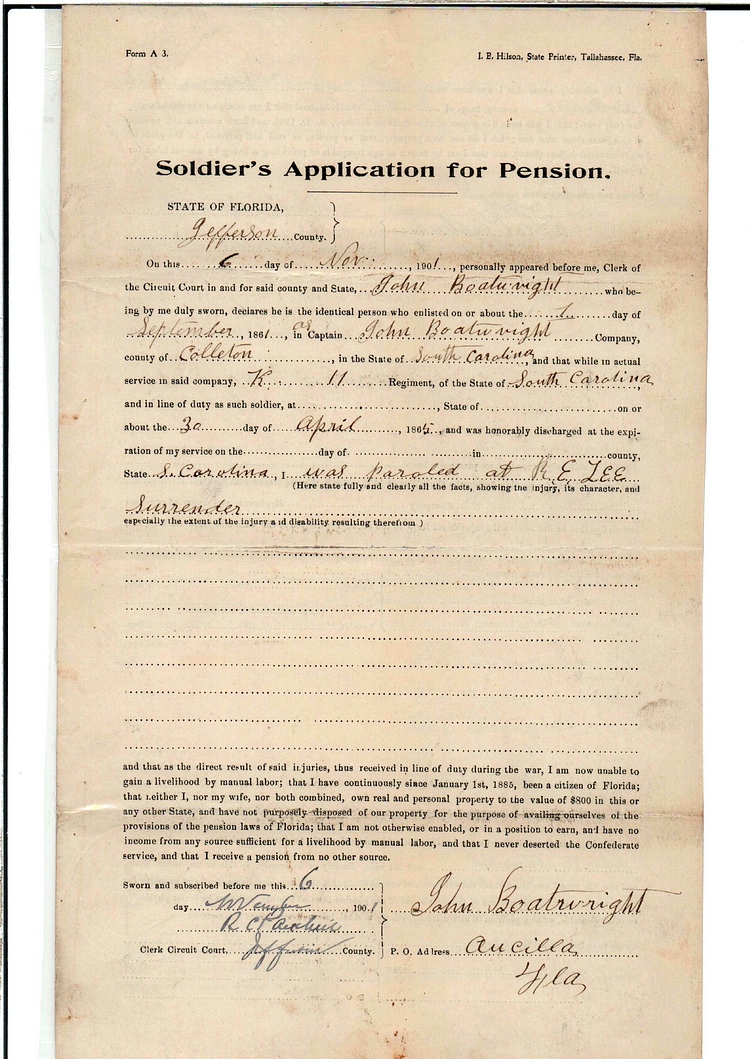 John B. Boatwright Civil War Pension Application