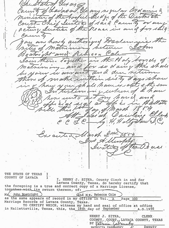 John Boatright and Rebecca Cole Marriage License: