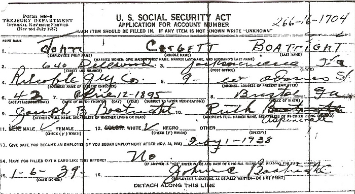 John Corbett Boatright Social Security Application: