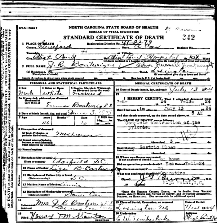 John Russell Boatwright Death Certificate:
