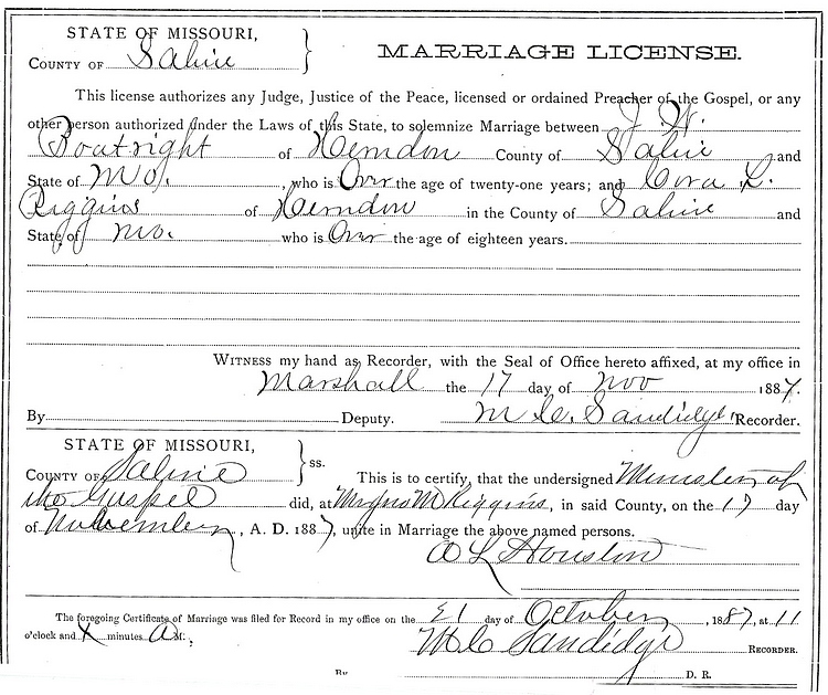 John William and Cora Lee Riggins Boatright Marriage License: