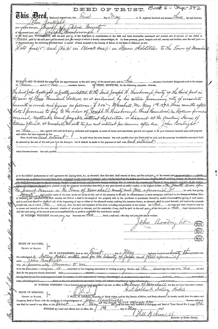 John William Boatright Land Sales 1873: