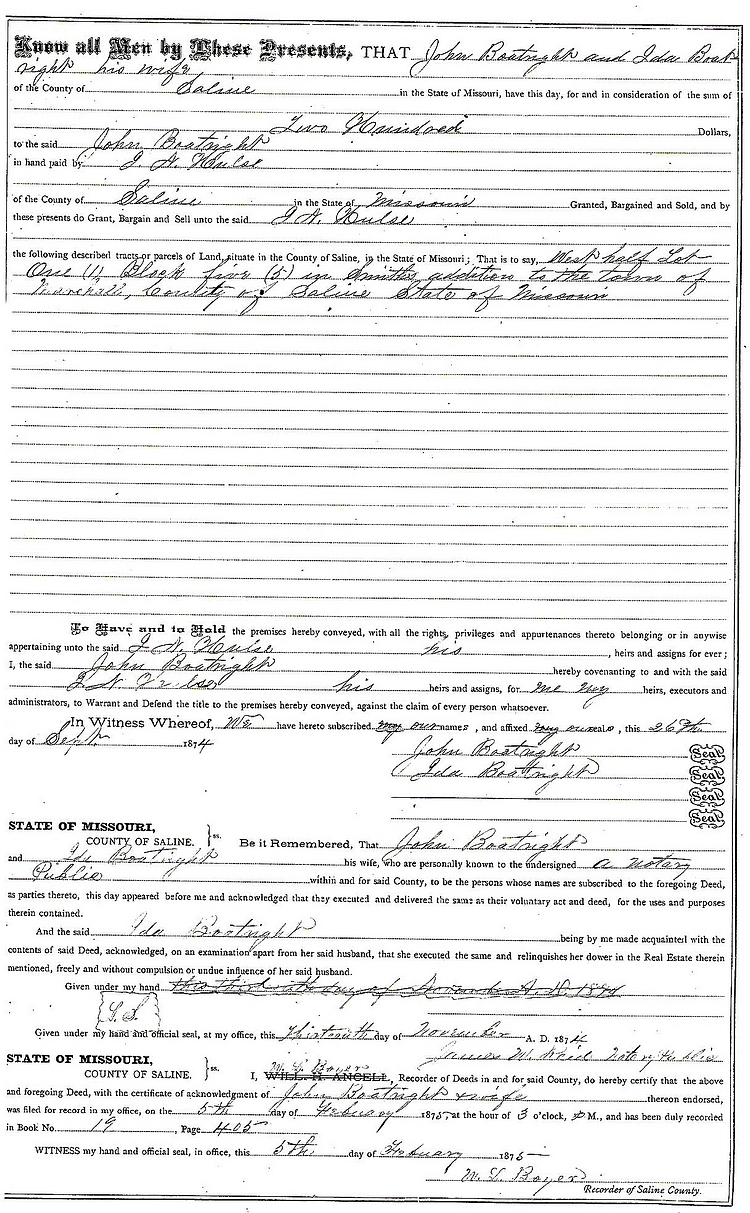 John William Boatright Land Sales 1874: