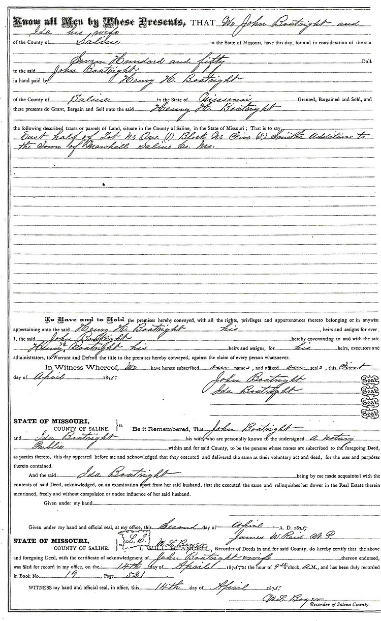 John William Boatright Land Sales 1875: