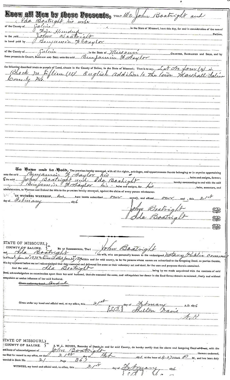 John William Boatright Land Sales 1876: