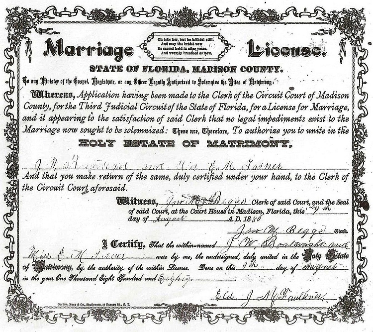 John William Boatwright and Eliza M. Garner Marriage License: