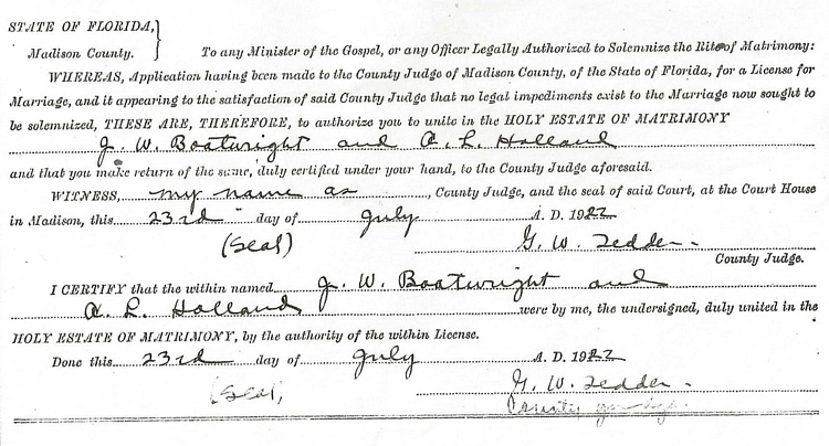 John William Boatwright and Alfis Lutitia Holland Marriage License: