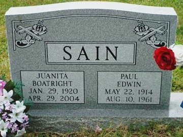 Nannie Juanita Boatright and Paul Edwin Sain Gravestone