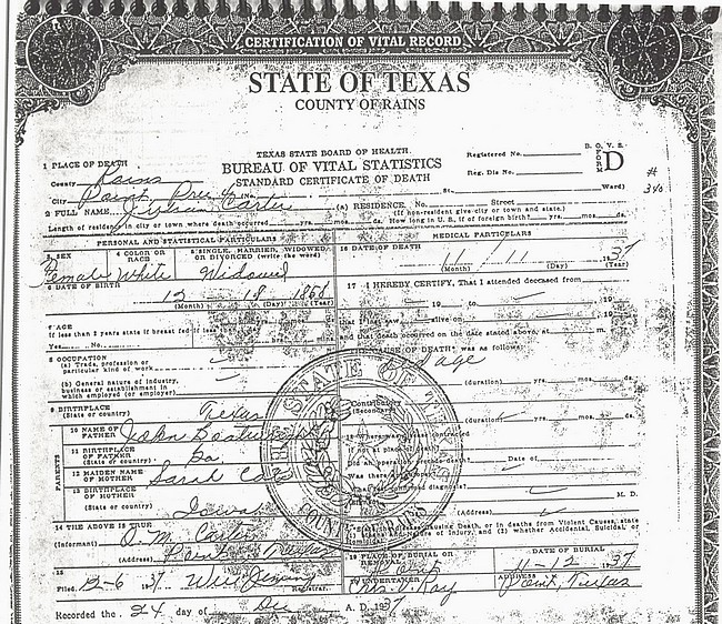 Julia Ann Boatright Carter Death Certificate: