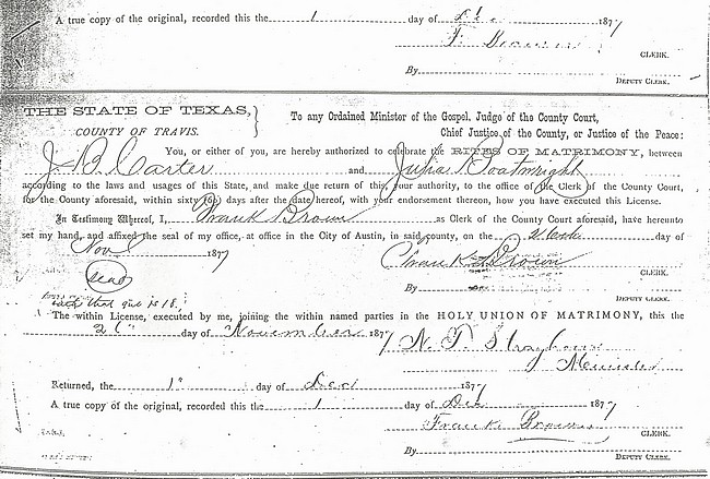 Julia Ann Boatright and James Bruce Carter Marriage Certificate: