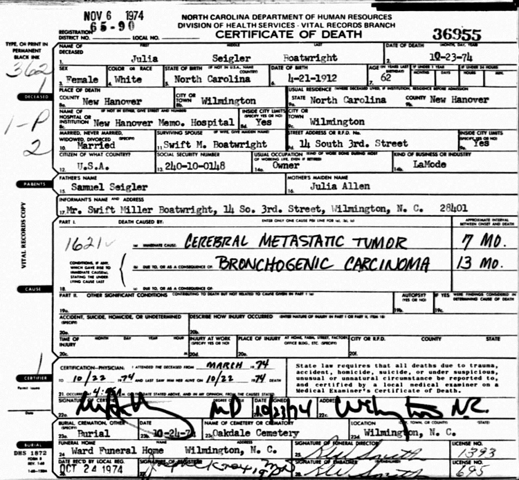 Julia Seigler Boatwright Death Certificate: