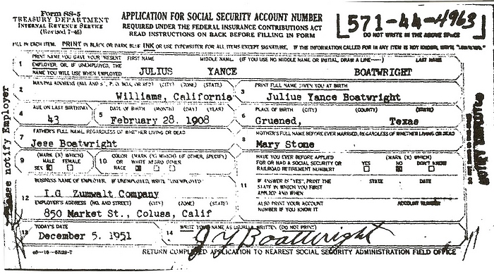 Julius Yance Boatwright Social Security Application: