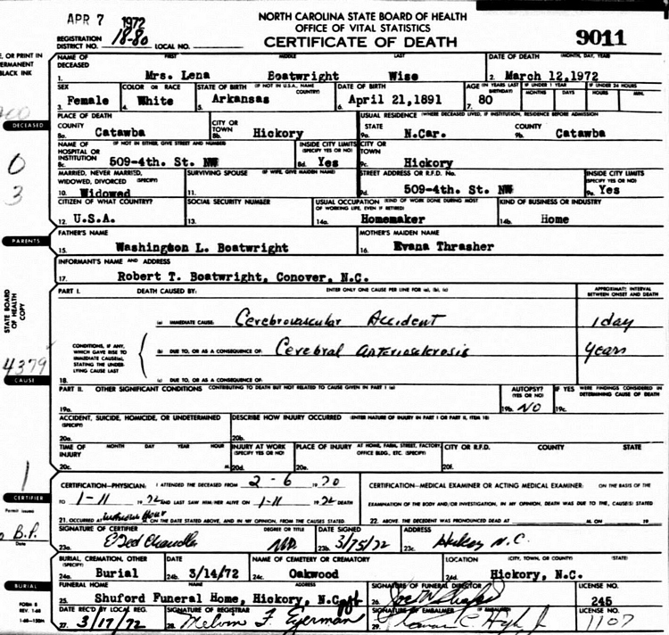 Lena Allison Boatright Wise Death Certificate: