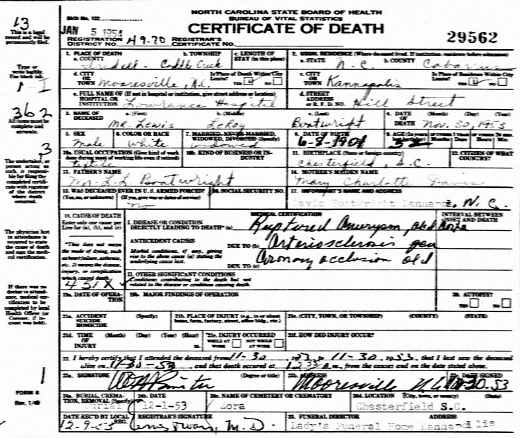 Lewis Leroy Boatwright Death Certificate: