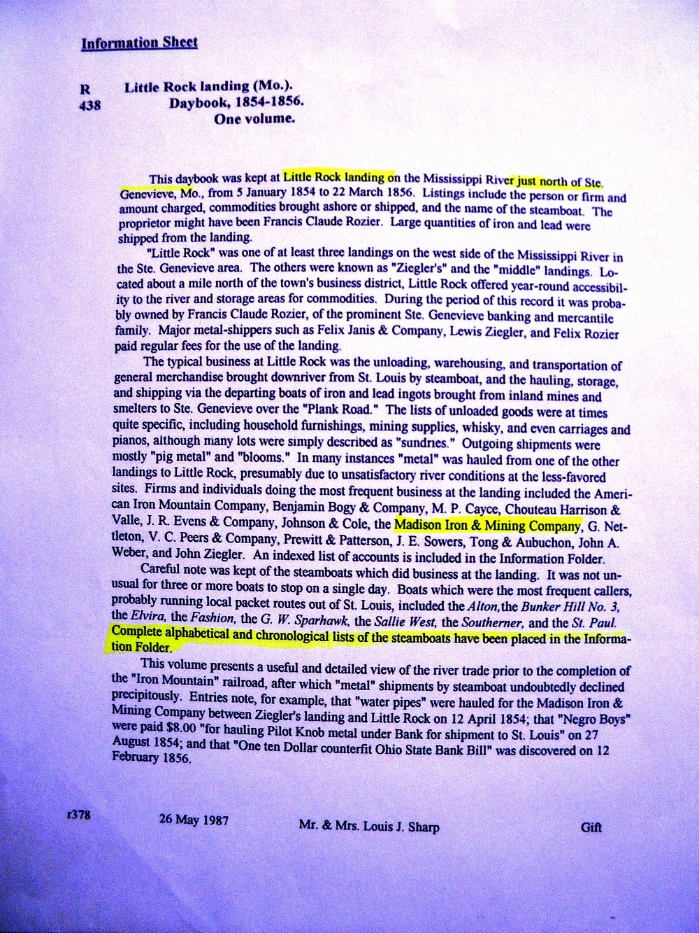 William Boatwright Little Rock Landing Missouri Records: