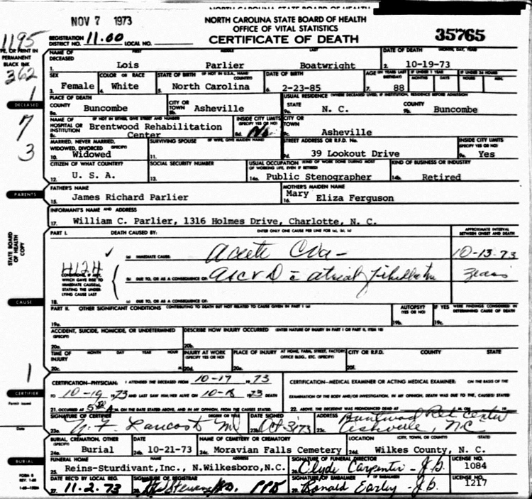 Heloise Parlier Boatright Death Certificate: