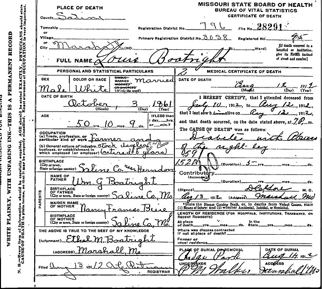 Louis Boatright Death Certificate: