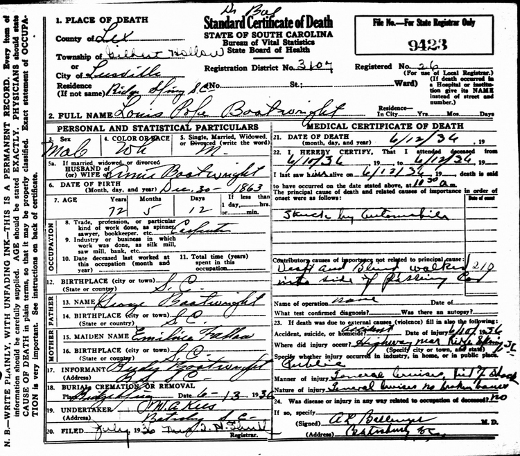 Louis Pope Boatwright Death Certificate: