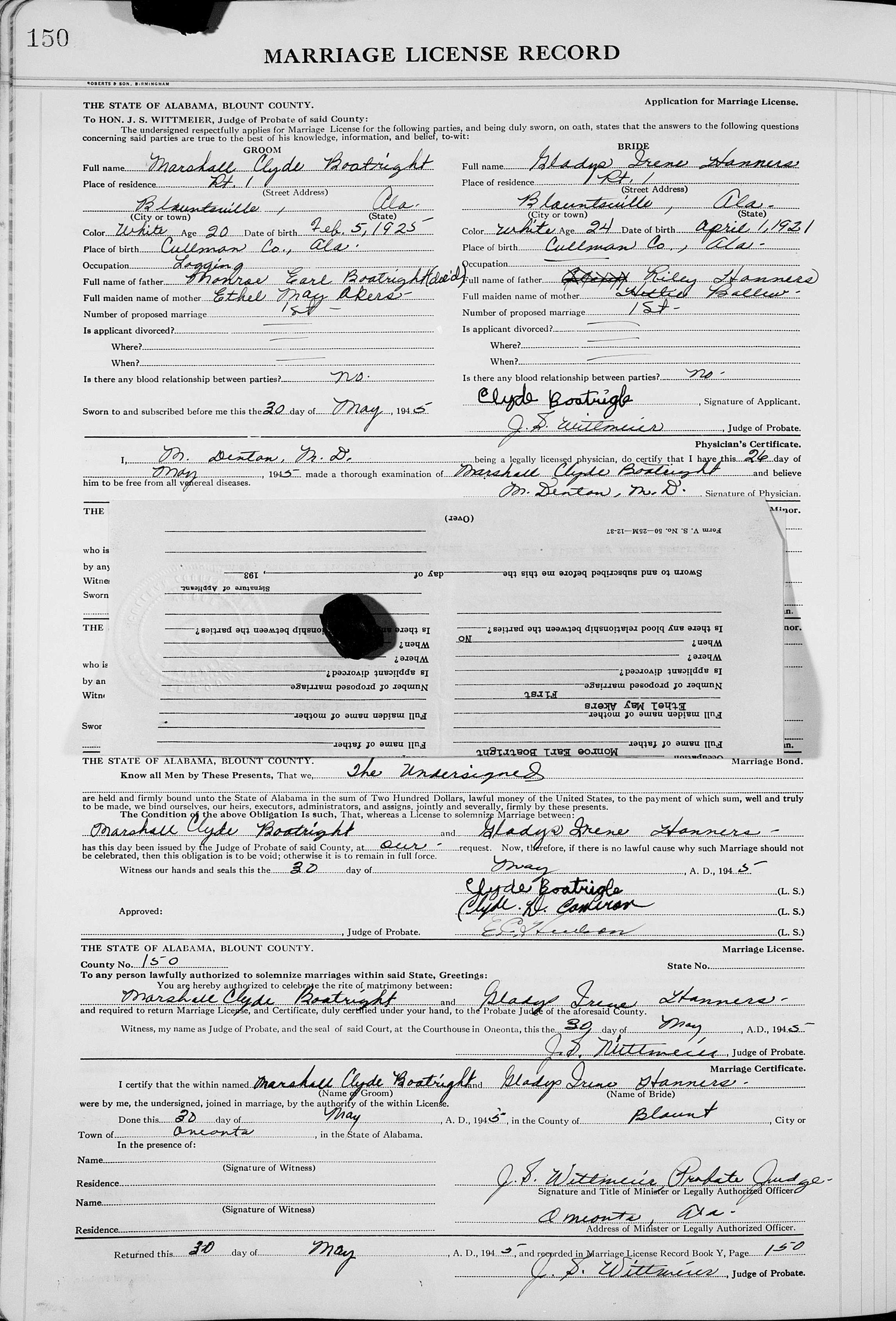 Marshall Clyde and Gladys Irene Hanners Boatright Marriage License: