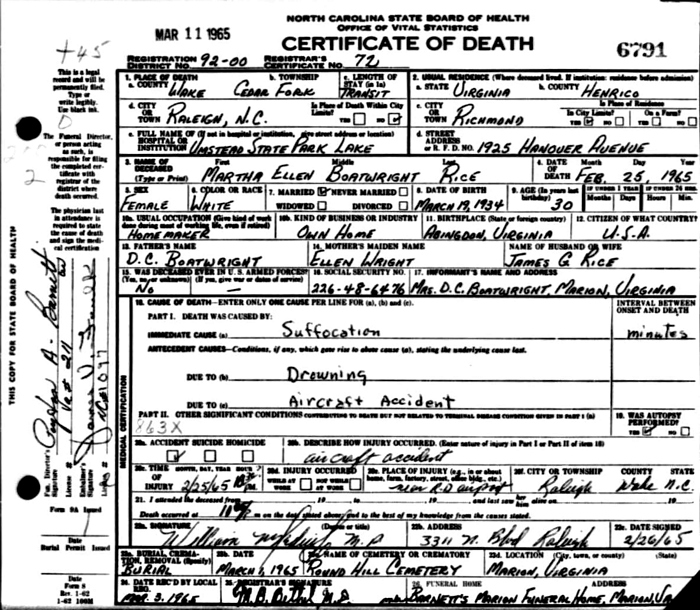Martha Ellen Boatwright Rice Death Certificate: