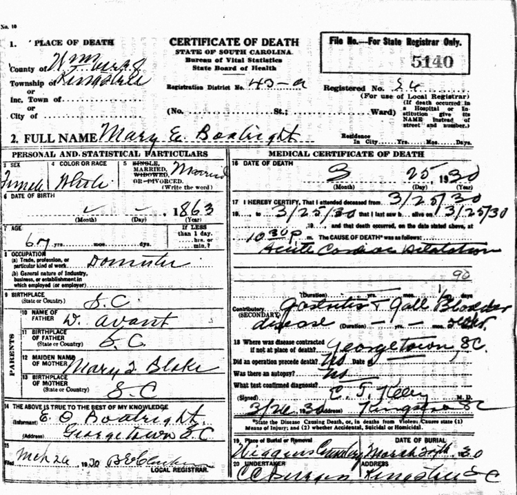 Mary E. Avant Boatwright Death Certificate: