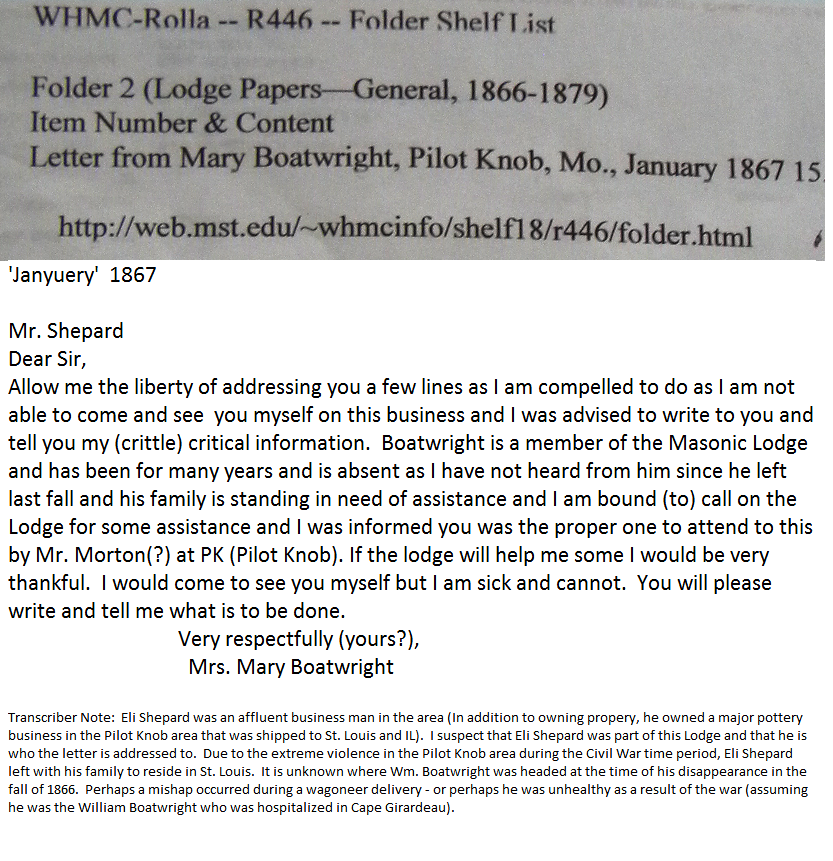 Mary Boatwright Letter to Masonic Lodge: