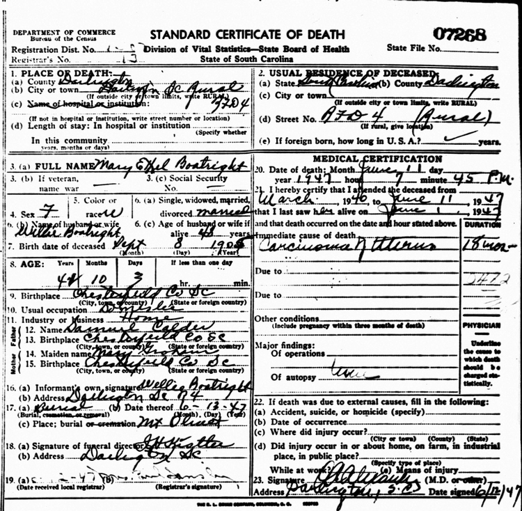 Mary E. Calder Boatwright Death Certificate: