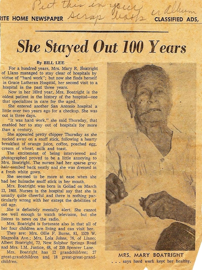 Mary Cassels Boatright Newspaper Article: