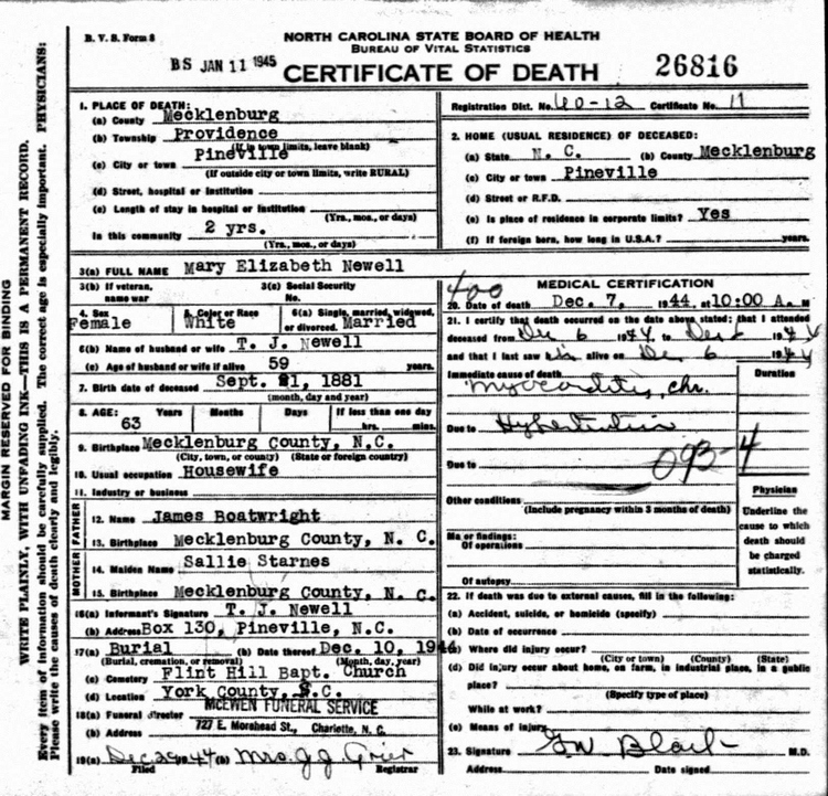 Mary Elizabeth Boatwright Newell Death Certificate: