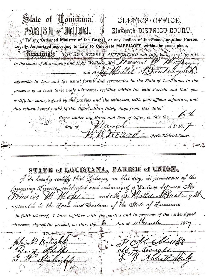 Mary Frances Boatwright and Francis Marion Moss Marriage License