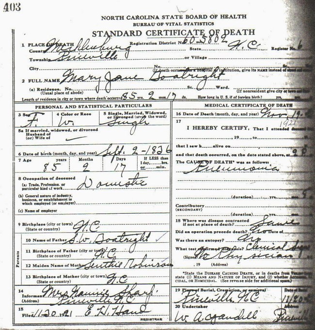 Mary Jane Boatright Death Certificate: