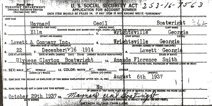 Maynard Cecil Boatwright Social Security Application: