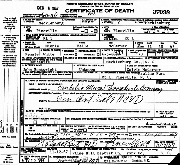 Minnie Belle Boatwright McCarver Death Certificate: