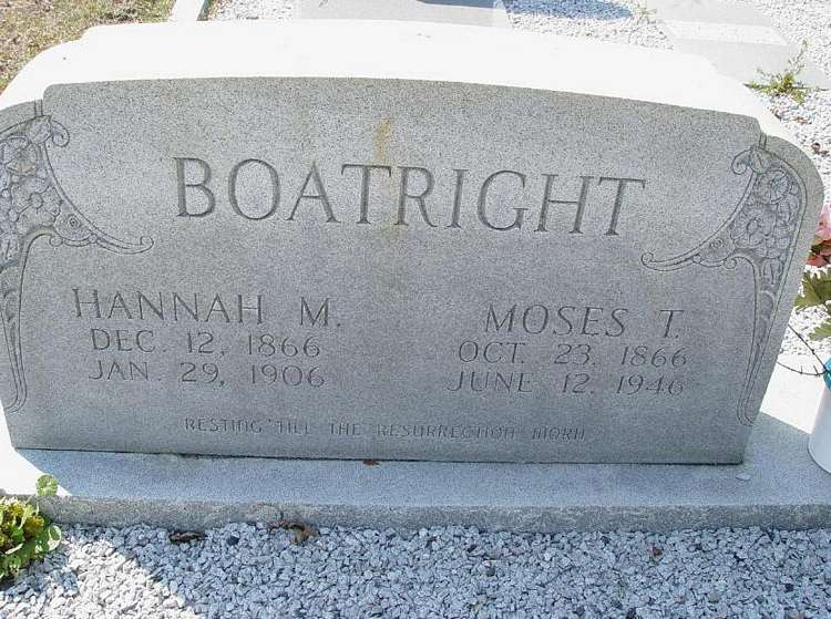 Moses Thomas and Hannah Miranda Carter Boatright Gravestone: