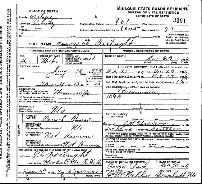 Nancy Frances Buie Boatright Death Certificate: