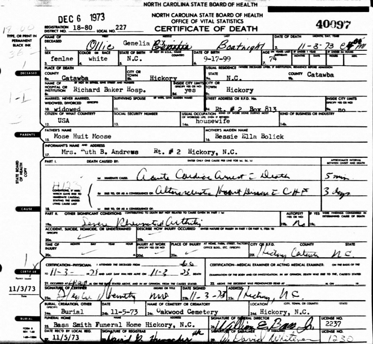 Olle Genelia Moose Boatright Death Certificate: