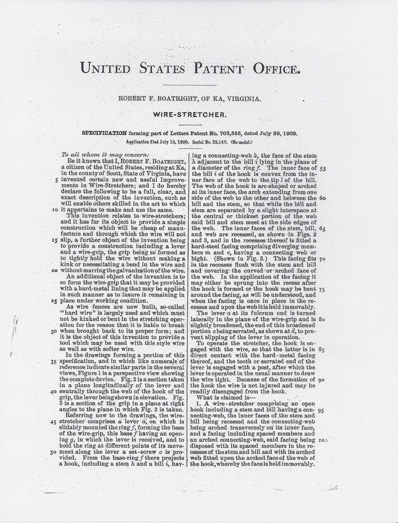 Robert Franklin Boatright Wire Stretcher Patent: