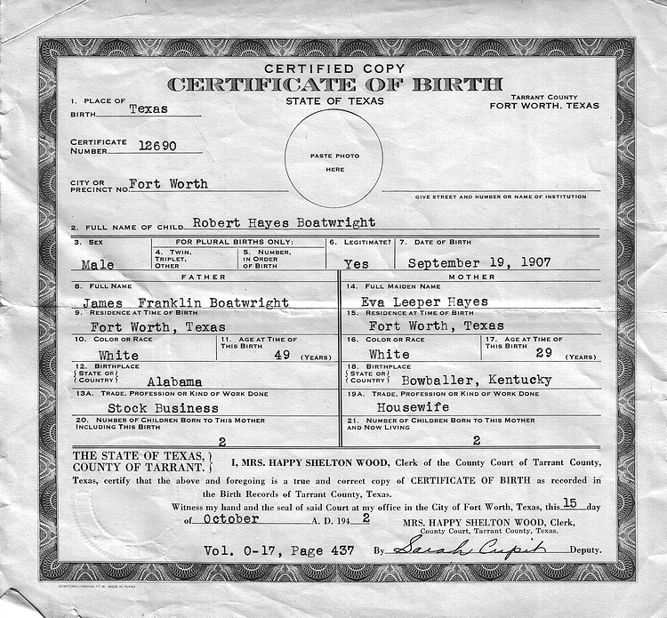 Robert Hayes Boatwright Birth Certificate: