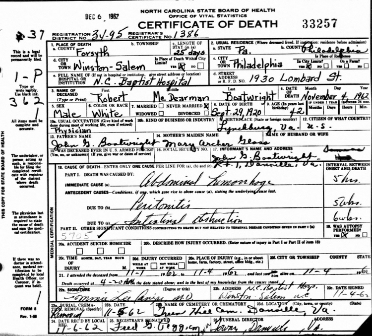 Robert McDearman Boatwright Death Certificate: