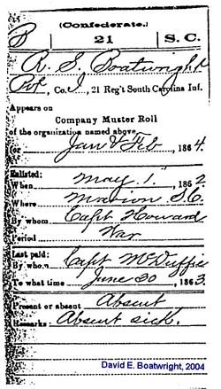 Robert Shields Boatwright Civil War Record