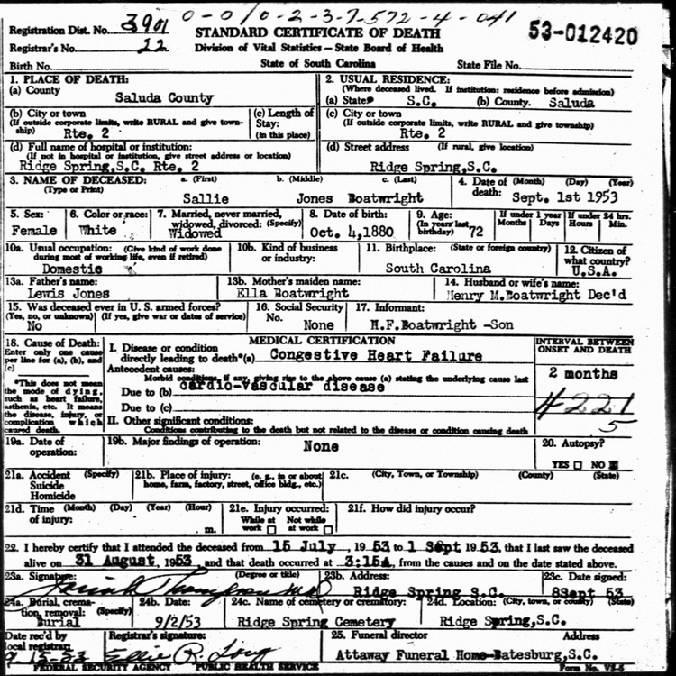 Sallie Jones Boatwright Death Certificate: