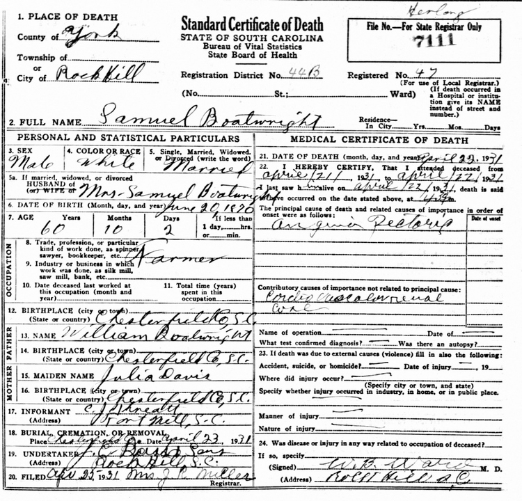 Samuel Lucas Boatwright Death Certificate: