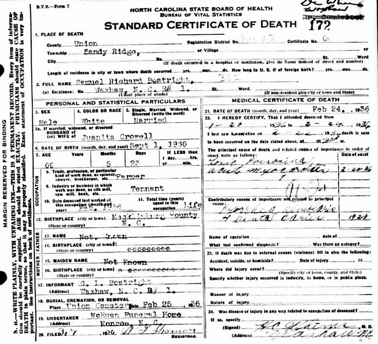Samuel Richard Boatright Death Certificate: