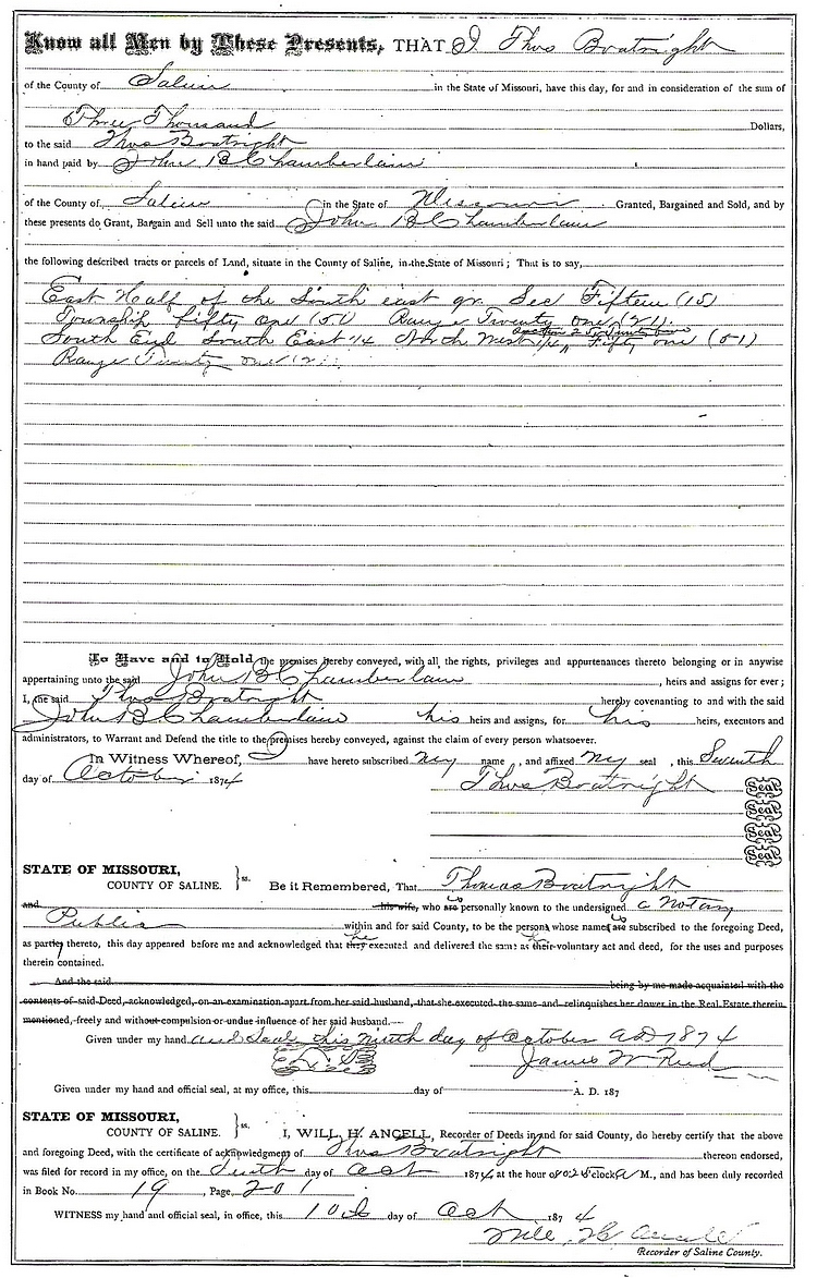 Thomas Hart Boatright Land Sale 1874: