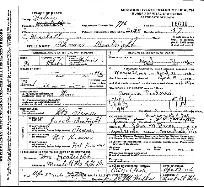 Thomas Hart Boatright Death Certificate: