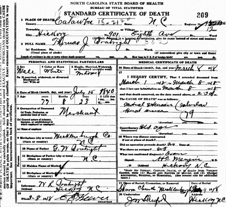 Thomas Jefferson Boatright Death Certificate: